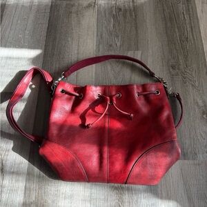 Red Leather Drawstring Shoulder Bag